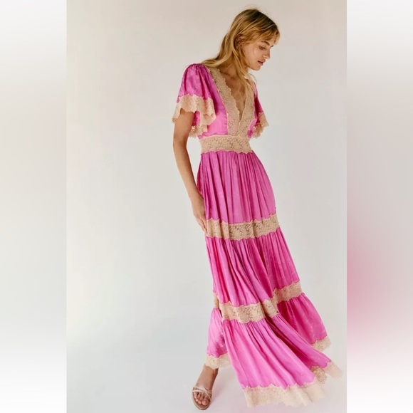 Spell Dresses & Skirts - Free People Spell Ocean Gown Maxi Silky Hibiscus Pink Ivory Lace Tiered